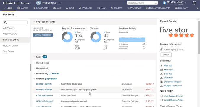 oracle aconex document management dashboard